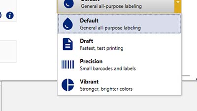 Brady Workstation-software toont een keuzelijst met verschillende printmethodes zoals Concept, Precisie en Levendig.